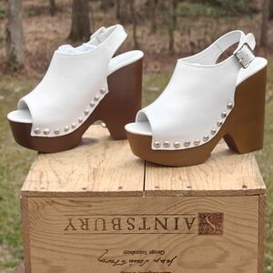 Jeffrey Campbell "SNICKED" White Peep-Toe Wooden Platform Slingback Heels